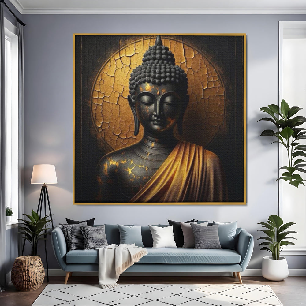 Tablou canvas cu tablou canvas cu portret buddha, in rama de aluminiu auriu, pe perete intr-un living